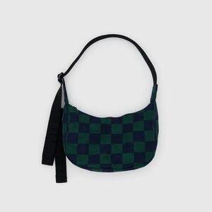 NEW BAGGU Small Nylon Crescent Bag in Navy Green Check